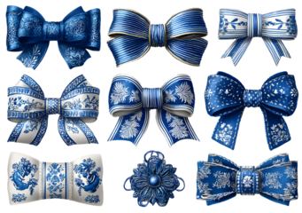 Blue and white Bavarian ribbons and bows in festive hapes isolated on transparnt background; Oktoberfestclipart set perfect for ceebration design, borders, r decor elements