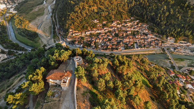 Drone Landscape of Berat Castle on Forested Hill