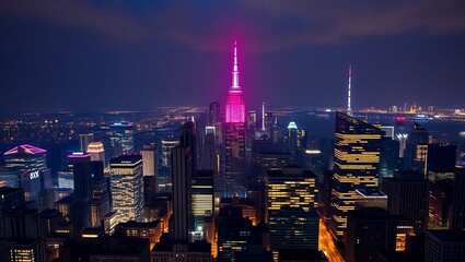 Fototapeta premium City skyline at night with glowing skyscrapers and urban lights