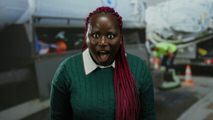 Woman with braids at construction site shows surprise expression near worker in high visibility...