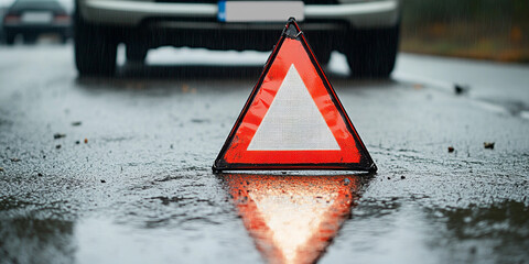 Caution triangle placed on wet road for safety alert Generative AI