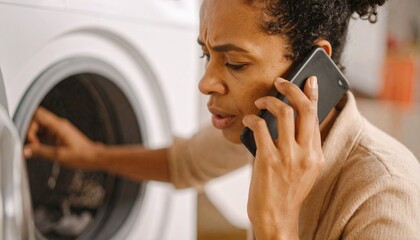 Worried woman calling handyman about washing machine malfunction