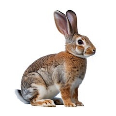 Fototapeta premium A close up of a jackrabbit with long ears and brown fur sitting against a black background looking right