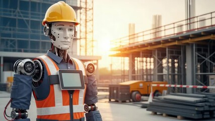 Futuristic construction worker robot wearing hard hat and safety vest stands on construction site with construction worker tasks ahead.
