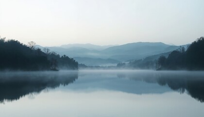 Fototapeta premium Tranquil Lake Reflections Surrounded By Dense Forests And Mountains