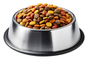 Pet food is neatly placed n a silver bowl, isolated n white, PNG