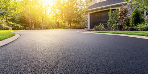 Gleaming asphalt driveway at sunset surrounded by greenery Generative AI
