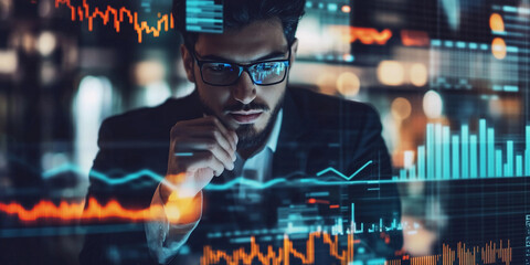 Intense businessman analyzing financial data in office setting Generative AI