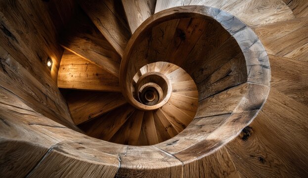 Spiral wooden staircase, close-up view