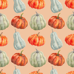 Seamless pattern of different pumpkins. Watercolor illustration of vegetables, hand drawn, isolated. Natural food ingredient background for fabric, textile. Autumn theme for Halloween, Thanksgiving