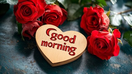 Wooden good morning text with red roses.