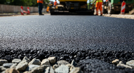 Obraz premium Road under construction with fresh asphalt and gravel