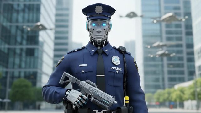 Futuristic police officer patrolling city streets with advanced weaponry, futuristic police officer standing against modern skyline. Robot cop ensures public safety and order,