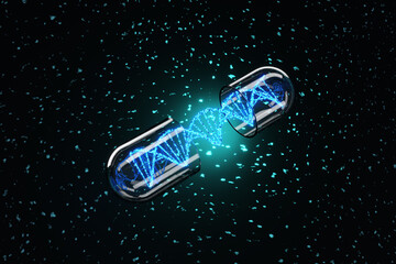 Blue glowing DNA strand inside an open transparent capsule on a dark background scattered with particles. Illustration of the concept of pharmaceutical development and AI assisted drug discovery