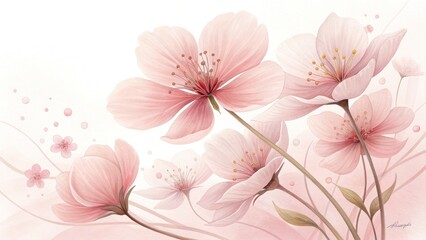 Watercolor Pink Cherry Blossom Branch on White