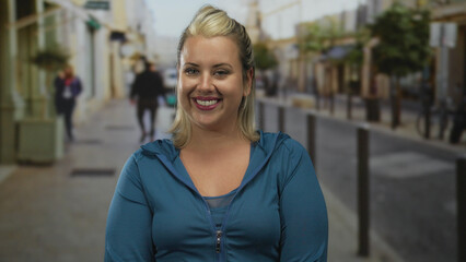 Fototapeta premium Woman with blonde hair wearing a blue hoodie smiling on a busy street with blurred pedestrians; confidence.