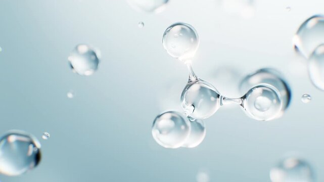 Transparent molecules with water bubbles background, 3d rendering.