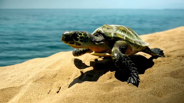 tortuga marina en la orilla, avanzando lentamente sobre la arena h&uacute;meda junto a dunas que colindan con el mar. Estilo fotograf&iacute;a documental de naturaleza, con enfoque n&iacute;tido