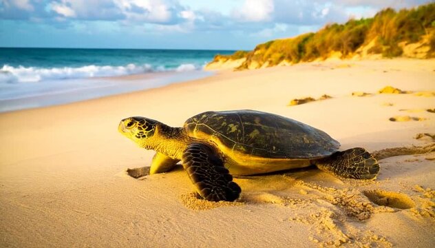 tortuga marina en la orilla, avanzando lentamente sobre la arena h&uacute;meda junto a dunas que colindan con el mar. Estilo fotograf&iacute;a documental de naturaleza, con enfoque n&iacute;tido