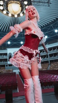 A confident and attractive female burlesque dancer wearing red velvet lingerie on a theater stage.