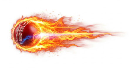 A vivid image of a red cricket ball engulfed in flames, set against a stark white background space