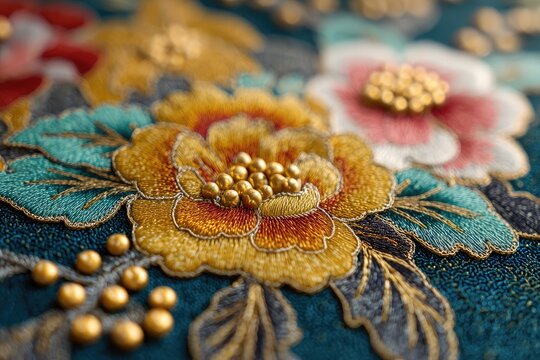 Close-up intricate embroidered floral design on dark teal fabric