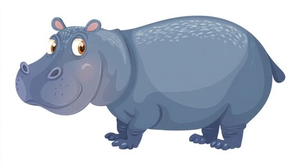 Obraz premium Cartoon hippo with round body in bold outline simple flat design, children illustration isolated on white background.
