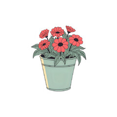 Vibrant Red Flowers in a Pastel Pot: A Botanical Illustration