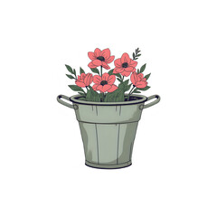 Pink Anemone Flowers in Vintage Metal Bucket: Botanical Illustration