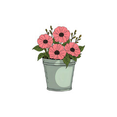 Pink Flowers in a Metal Pot: Botanical Illustration, Floral Arrangement, Spring Bloom, Garden Decor, Nature Art
