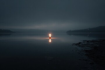 Fototapeta premium A solitary flame on a still lake at dusk