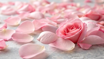A beautiful arrangement of scattered pink rose petals on a light-colored surface, creating a romantic, delicate, and elegant floral background.