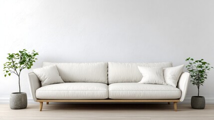 Fototapeta premium A minimalist living room scene features a light beige sofa, two potted plants, and a clean, bright ambiance.