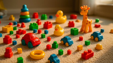 Plastic ducks and cars scattered on soft carpet with colorful toy blocks and stacking rings; ducks and cars dominate playful toddler setup with cozy light and cheerful tone