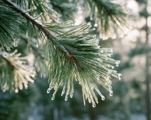 Frozen Pine Branch Detail In Winter