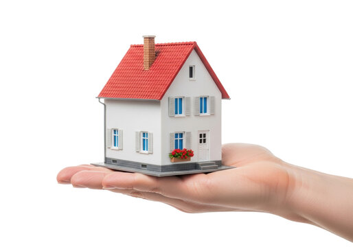 Well-groomed adult hand gently cradling a meticulously detailed miniature two-story house model with a red roof, on a transparent studio background, concept of real estate investment