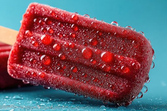 Frozen red popsicle with water droplets
