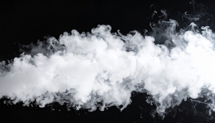 Dense white smoke cloud moving horizontally across black background with swirling patterns and varied texture for atmospheric design and abstract visual themes
