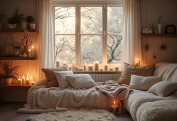Fototapeta premium Cozy Winter Haven: Candles, Comfort, and Snowy Window Views