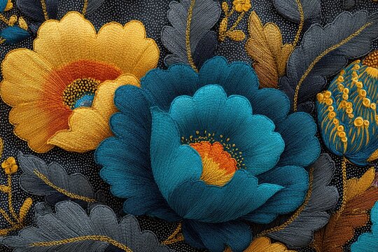 Detailed embroidery featuring vibrant flowers