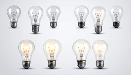 Grid of incandescent light bulbs in four rows with selective illumination against white background representing energy pattern recognition and creative sequencing