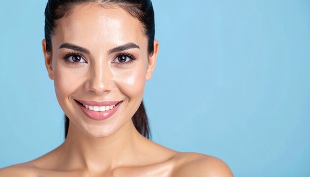 Smiling person with glowing clear skin touching face gently against light blue background with bare shoulders and pulled-back hair for skincare and beauty themes