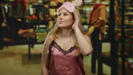 Naklejka premium Blonde woman in nightwear with a pink sleep mask stands in a clothing shop setting, expressing curiosity amidst the stylish displays and colorful outfits.