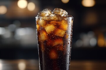 Refreshing dark drink with ice cubes in a glass, showcasing a rich amber hue against a blurred dark background.