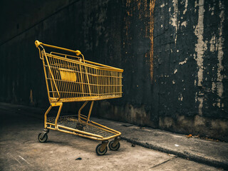 A solitary, weathered yellow shopping cart stands in a gritty urban setting next to a distressed wall.