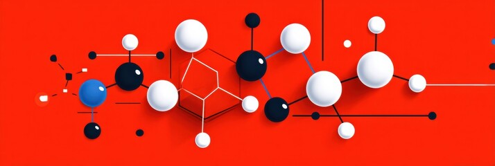 This composition showcases molecular structures in black, white, and blue against a vivid red background, evoking scientific themes.