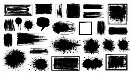 Collection of fifteen black ink and paint splatter frames in square and circular shapes with grunge textures and typography on white background for graphic design and artistic use