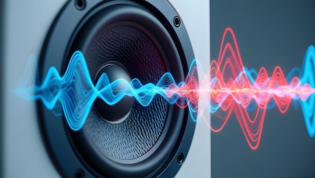 Black Hi-Fi speaker mounted in dark background with sound waves