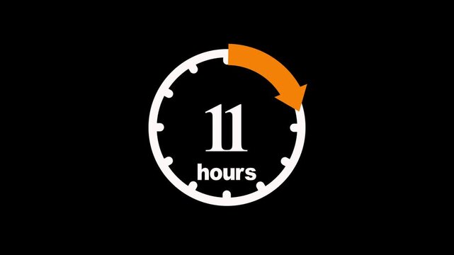 14 hours on transparent background with alpha channel. Animation from 0 to 14 on black background, stylish stopwatch countdown