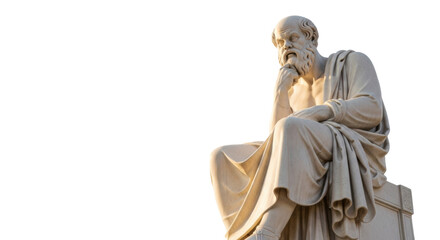 Majestic ancient greek socrates marble statue, elderly man with beard in toga, contemplative, transparent studio background with copy space, soft golden hour cinematic light, concept of philosophy